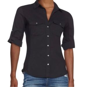 James Perse Black Collar Button Up With Ribbed Cotton Contrast & Bell Sleeve